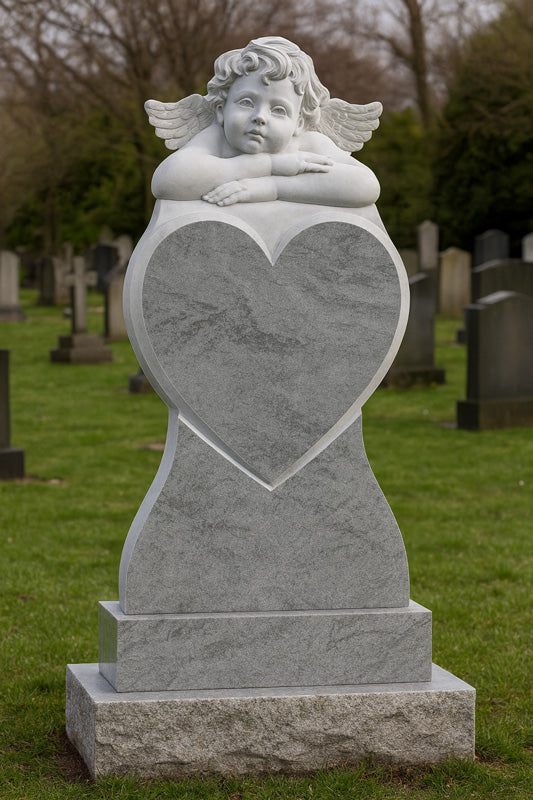 Herzförmiger Engel-Grabstein • Personalisiertes Gedenkdenkmal • Friedhofsgrabstein – Großer massiver Grabstein