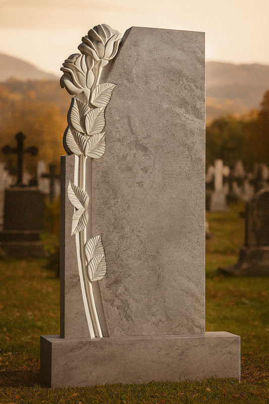 Personalisierter Marmor-Grabstein mit eingravierten Rosen – Individuell gestalteter Grabstein, Grabdenkmal
