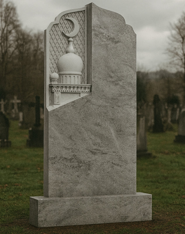 Islamischer grauer Granit-Grabstein – Moschee- und Halbmond-Grabstein