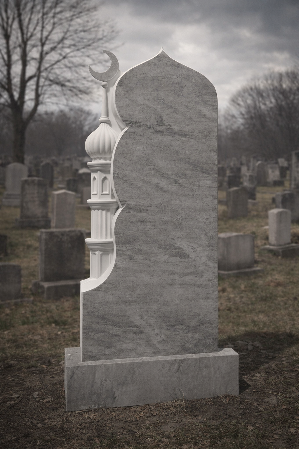 Islamischer grauer Granit-Grabstein – Moschee- und Halbmond-Grabstein