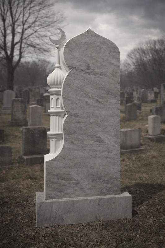 Islamischer grauer Granit-Grabstein – Moschee- und Halbmond-Grabstein