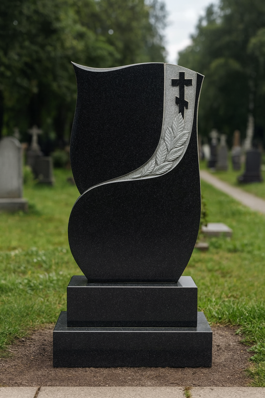 Grabstein aus schwarzem Granit mit orthodoxem Kreuz • Individuell gravierter Gedenkstein • Personalisierte Grabmarkierung