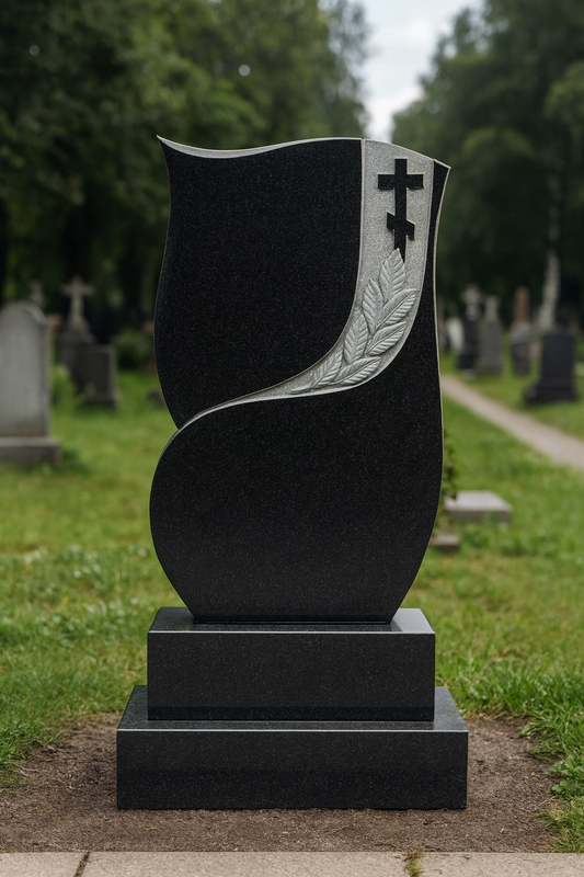 Grabstein aus schwarzem Granit mit orthodoxem Kreuz • Individuell gravierter Gedenkstein • Personalisierte Grabmarkierung