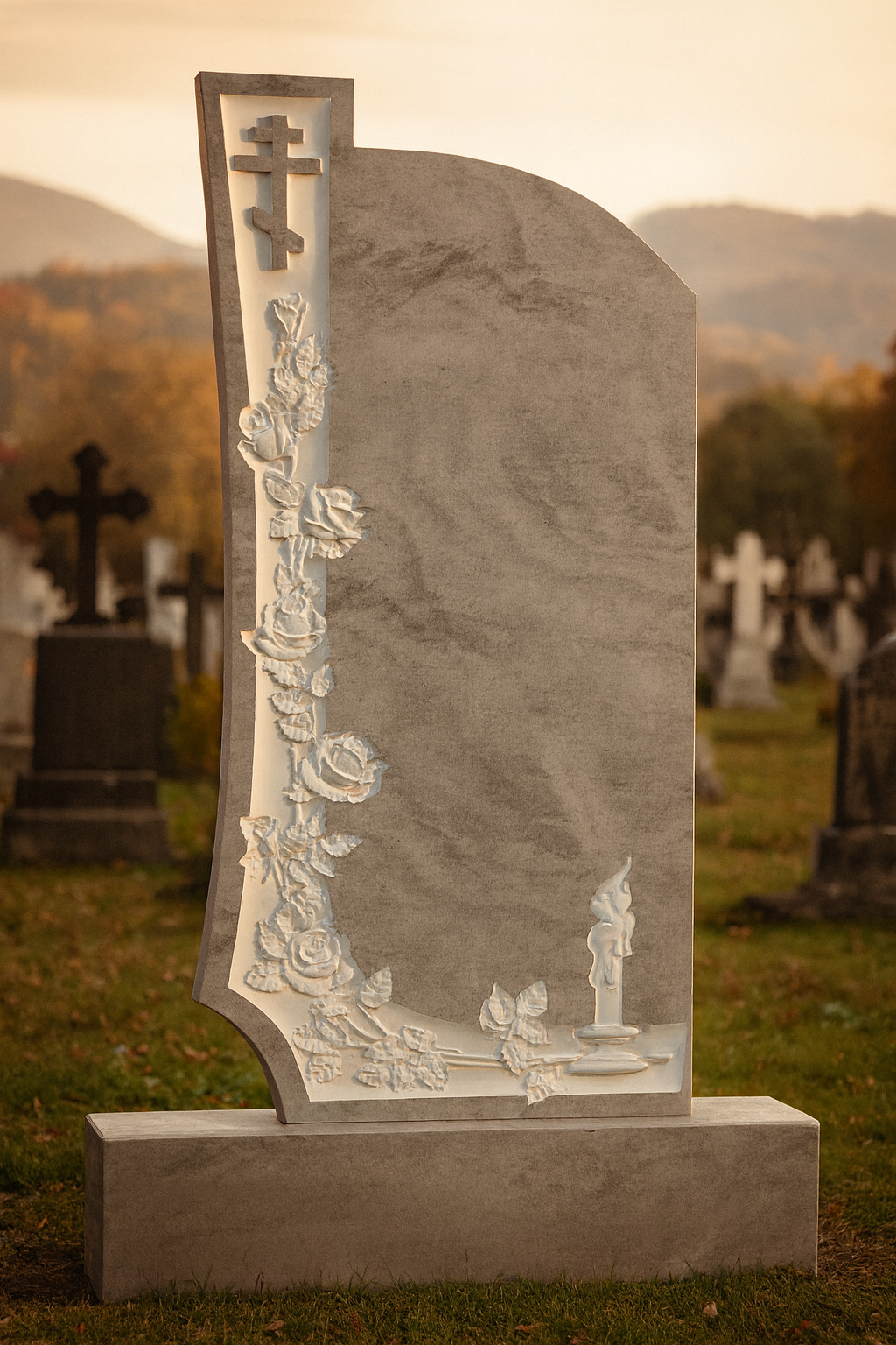 Orthodoxer Kreuzgrabstein mit Rosen und Kerze | Graviertes Gedenkdenkmal | Individuell gestalteter Grabstein aus Granit